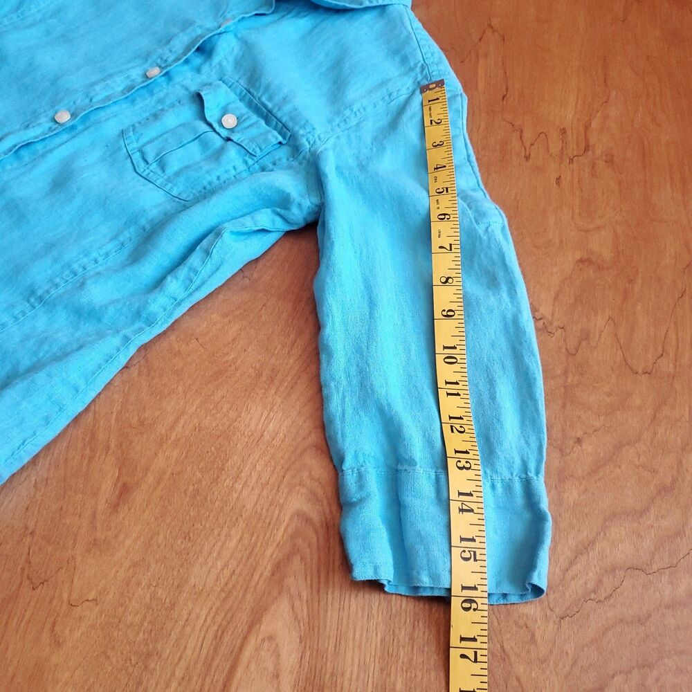 Talbots 100% Pure Irish Linen Top Petite Small Button Up 3/4 Sleeve Bright Blue - Picture 10 of 10